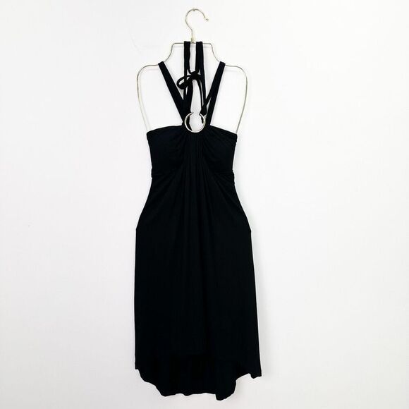 Cache Women’s Vintage Y2K Black Rayon Spandex Blend Stretch Halter Neck Tie Mini - Picture 1 of 9